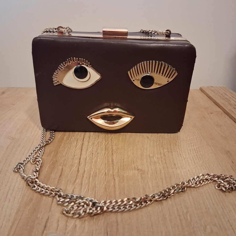 Rare ZARA Minaudiere Gold Face Brown CLUTCH BAG HANDBAG Crossbody Purse Chain